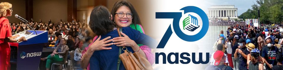a series of images that are a person speaking at a conference, two people hugging, the 70th anniversary logo, and a group of people at a rally in front of the Lincoln Memorial